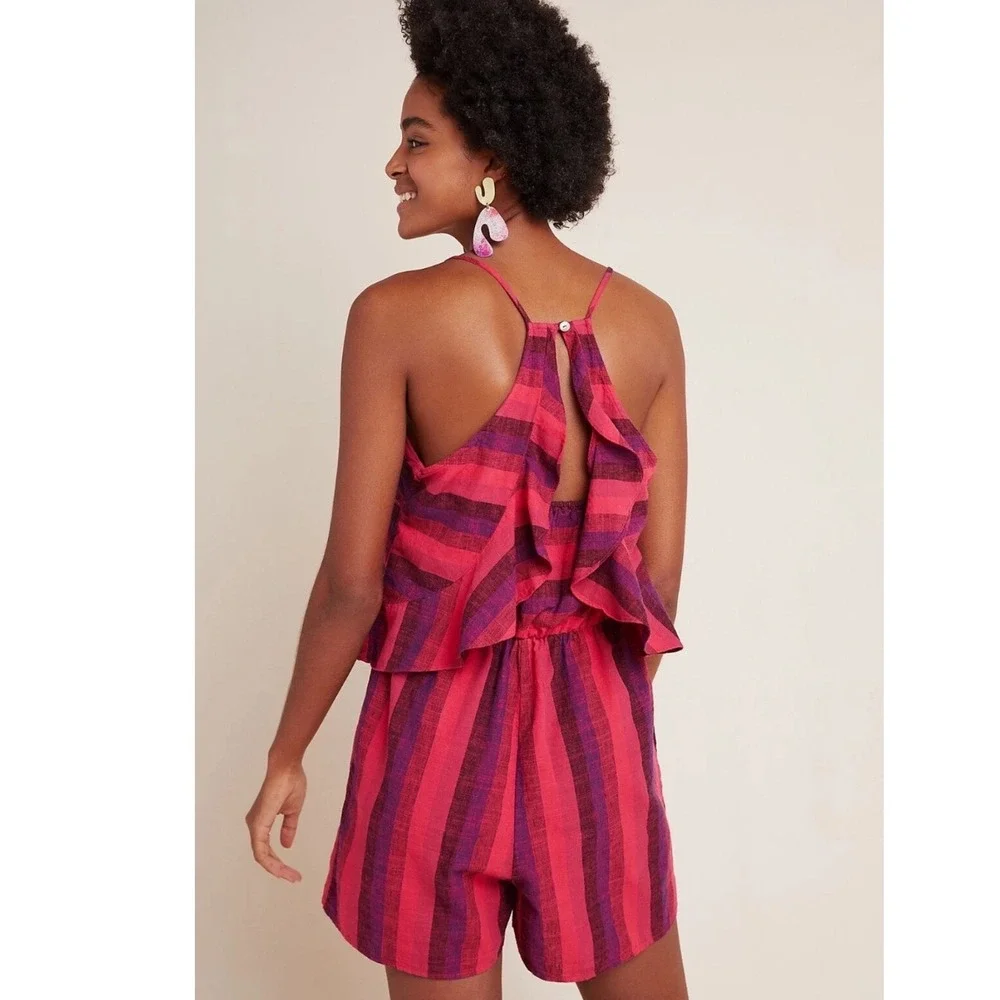 Anthropologie MELIA‎ AMADI Women Pink Purple Striped Ruffle Overlay Romper Small